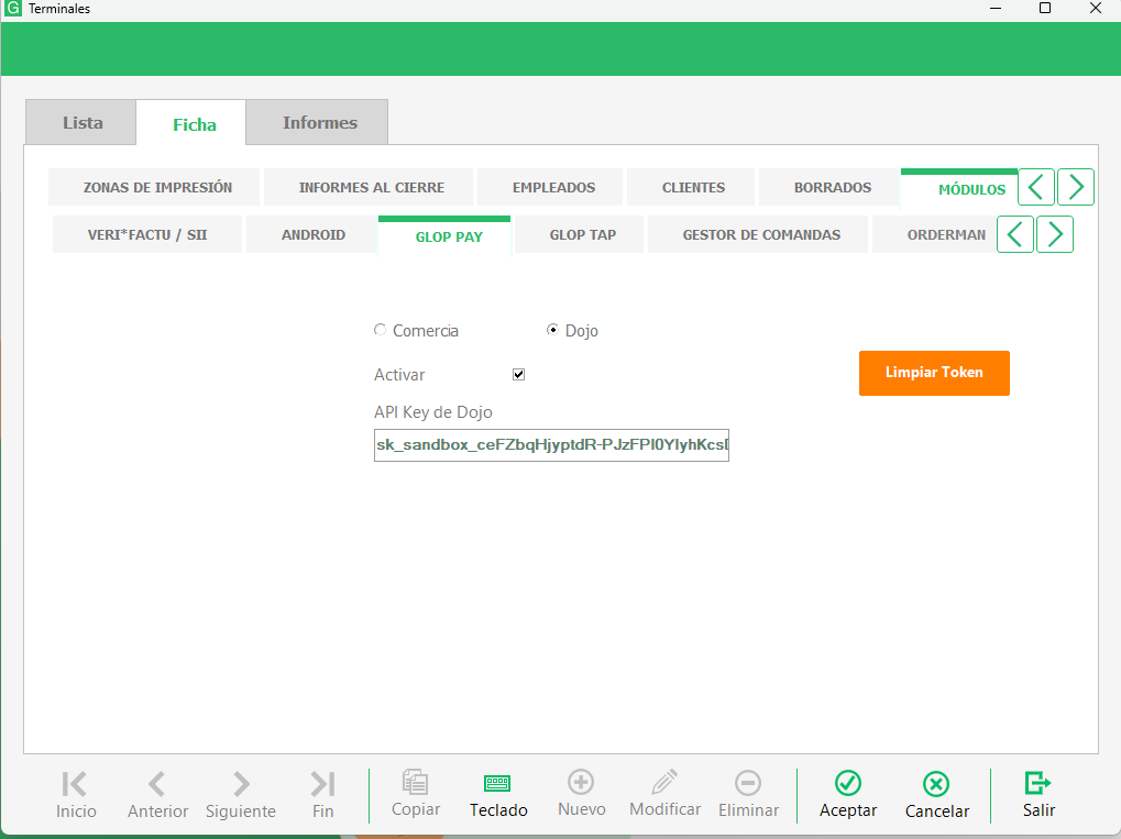 Pesta&ntilde;a Glop Pay en Terminales con plataforma &laquo;Dojo&raquo; y el campo &laquo;API Key de Dojo&raquo;