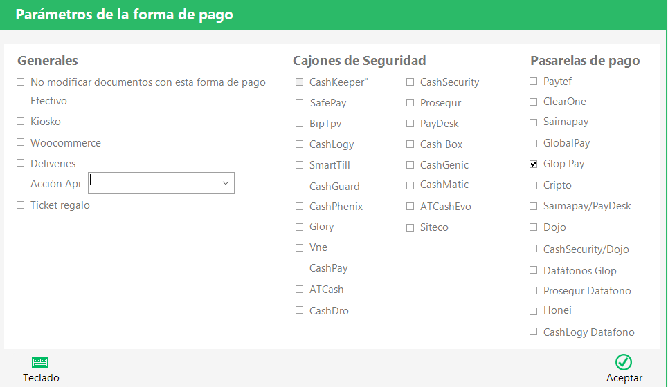 Mantenimiento de formas de cobro con la casilla de &laquo;Glop Pay&raquo; activada