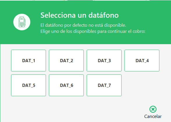 Di&aacute;logo del TPV para elegir dat&aacute;fono cuando el de por defecto no est&aacute; disponible